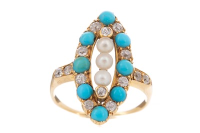 Lot 487 - SEED PEARL, TURQUOISE AND DIAMOND DRESS RING