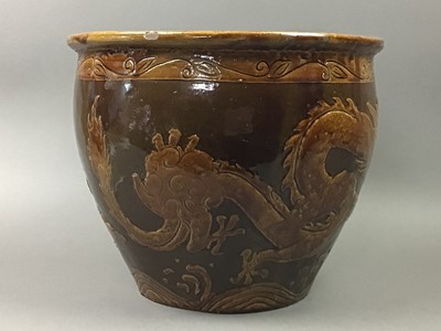 Lot 248 - A PAIR OF BROWN GLAZED JARDINIERES AND A VASE