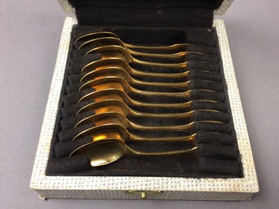 Lot 274 - A SET OF ELEVEN CHRISTOFLE GOLD PLATED COFFEE SPOONS AND OTHER CUTLERY