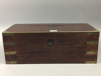 Lot 108 - A 19TH CENTURY MAHOGANY AND BRASS BOUND PORTABLE WRITING SLOPE