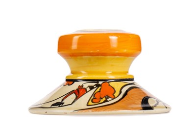 Lot 290 - CLARICE CLIFF (BRITISH, 1899-1972) FOR NEWPORT POTTERY, 'ORANGE TREES & HOUSE' DWARF CANDLESTICK
