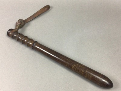 Lot 177 - A VINTAGE WOOD TRUNCHEON AND A VICTORIAN FLY WHISK