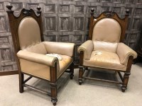Lot 837 - PAIR OF OAK FRAMED ARMCHAIRS each with carved...