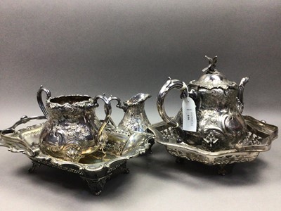 Lot 446 - A VICTORIAN SILVER PLATED THREE PIECE TEA SERVICE AND OTHER TEA WARE