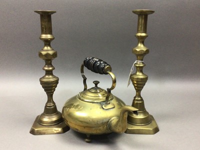 Lot 392 - A PAIR OF BRASS CANDLESTICKS AND A BRASS KETTLE