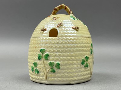 Lot 434 - A BELLEEK HONEY POT WITH COVER AND OTHER CERAMICS