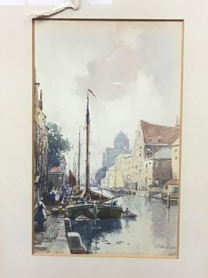 Lot 493 - A DUTCH WATERCOLOUR OF A HARBOUR SCENE