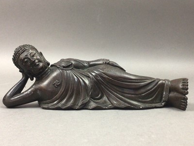 Lot 29 - BRONZED SPELTER FIGURE OF A RECLING BUDDHA