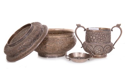 Lot 1113 - INDO-PERSIAN SILVER PLATED TWIN-HANDLED CUP