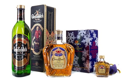 Lot 39 - GLENFIDDICH CLAN SUTHERLAND 75CL WITH CROWN ROYAL 75CL AND MATCHING MINIATURE