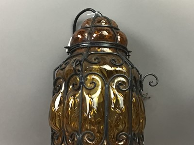 Lot 203 - AMBER MURANO GLASS CAGED HANGING LANTERN