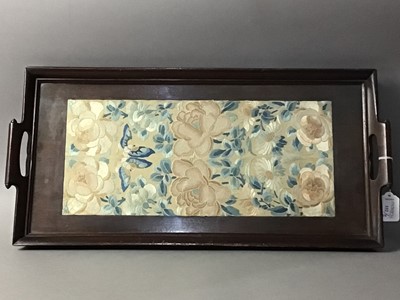 Lot 332 - CHINESE SILK PANEL, INSET MAHOGANY TEA TRAY