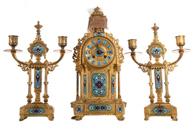 Lot 618 - FRENCH GILT METAL AND CLOISONNE ENAMEL CLOCK GARNITURE