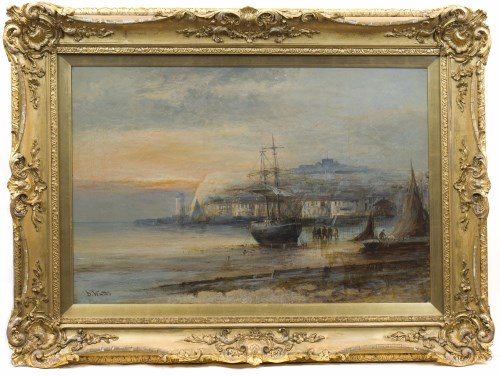 Lot 1303 - D WATTS, DEPARTING BAY, LOW TIDE AT WHITBY oil...
