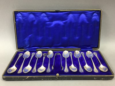 Lot 534 - SET OF TWELVE SILVER TEA SPOONS AND TONGS