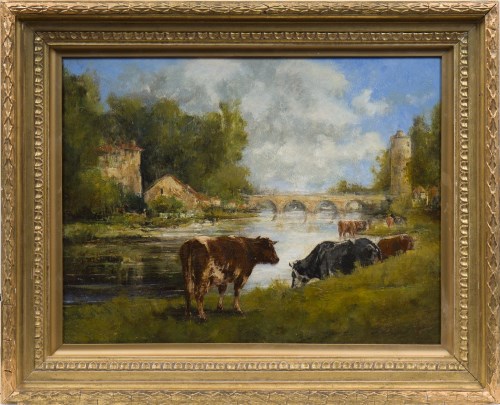 Lot 1327 - JULES DUPRE (FRENCH 1811 - 1889), COWS ON A...