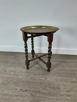 Lot 591 - EASTERN ENGRAVED CIRCULAR BRASS TRAY TOP OCCASIONAL TABLE