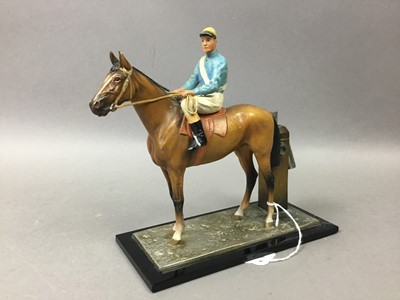 Lot 151 - PAINTED SPELTER HORSE WITH JOCKEY UP TABLE LIGHTER