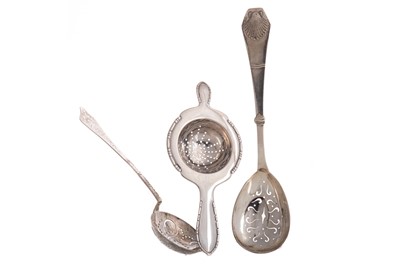 Lot 159 - TWO DANISH SILVER STRAINING SPOONS AND STRAINER