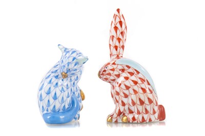Lot 531 - HEREND HUNGARY, PORCELAIN FIGURES OF A HARE AND A CAT
