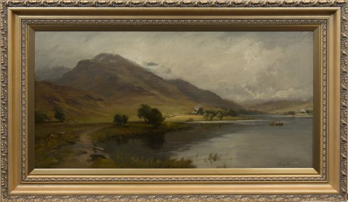 Lot 1409 - JAMES HERON, A CALM LOCH SCENE oil on canvas,...