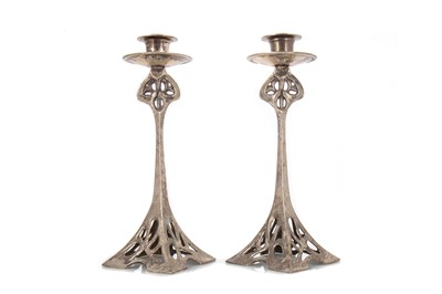 Lot 504 - PAIR OF JUGENSTIL SILVER PLATED CANDLESTICKS