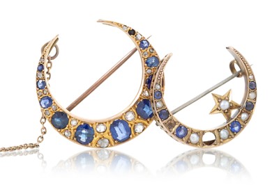 Lot 548 - VICTORIAN SAPPHIRE AND DIAMOND CRESCENT BROOCH