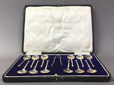 Lot 93 - SET OF TWELVE SILVER COFFEE SPOONS WITH SUGAR TONGS