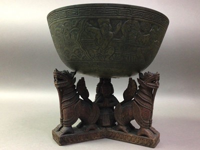 Lot 222 - CHINESE BRASS BOWL AND WOODEN STAND