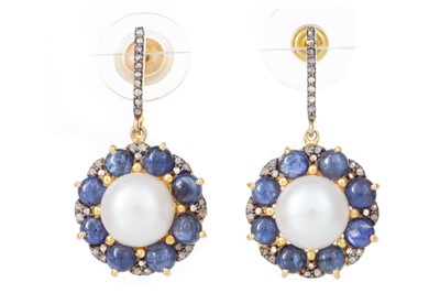 Lot 513 - PAIR OF PEARL, SAPPHIRE AND DIAMOND EARRINGS