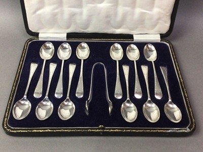 Lot 297 - SET OF TWELVE SILVER TEASPOONS AND TONGS