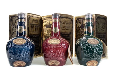 Lot 30 - CHIVAS ROYAL SALUTE 21 YEAR OLD RUBY, EMERALD AND SAPPHIRE DECANTERS (3 X 75CL)