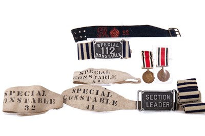 Lot 89 - THREE SPECIAL CONSTABULARY ARMBANDS, TWO BUCKLES AND TWO MEDALS