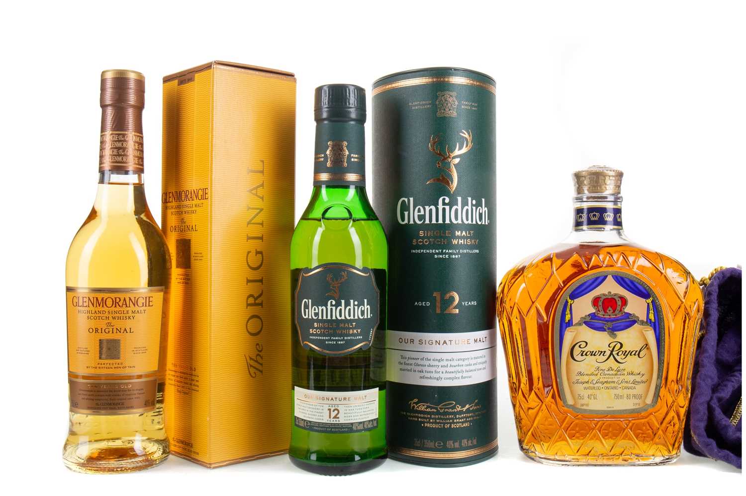 Lot 48 - CROWN ROYAL 75CL, GLENFIDDICH 12 YEAR OLD 35CL AND GLENMORANGIE 10 YEAR OLD 35CL