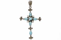 Lot 175 - SILVER TURQUOISE AND PEARL SET CROSS PENDANT...