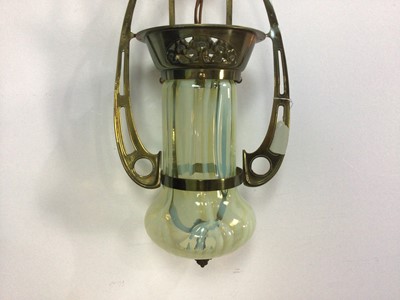 Lot 302 - ARTS & CRAFTS BRASS AND OPALESCENT GLASS PENDANT CEILING LIGHT