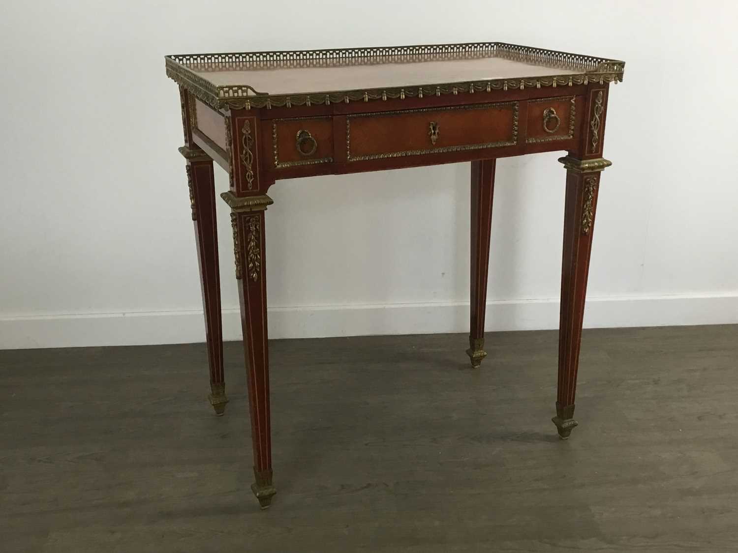Lot 909 - FRENCH BRASS MOUNTED MAHOGANY AND KINGWOOD WRITING TABLE OF LOUIS XVI DESIGN