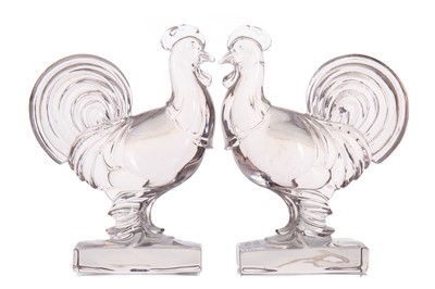 Lot 307 - PAIR OF MOULDED CLEAR GLASS COCKEREL SCULPTURES