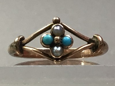 Lot 487 - NINE CARAT GOLD VICTORIAN TURQUOISE AND PEARL RING