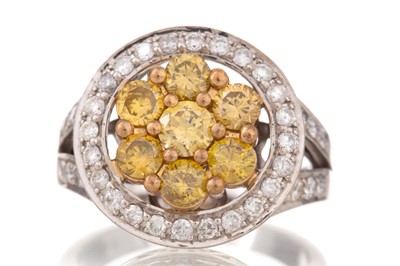 Lot 1288 - TREATED YELLOW DIAMOND CLUSTER RING