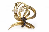 Lot 276 - NINE CARAT GOLD SAPPHIRE AND PEARL BROOCH of...