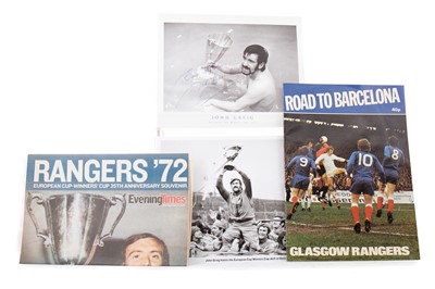 Lot 1633 - JOHN GREIG OF RANGERS F.C., SIGNED PRINT OF HIM WITH THE 1972 ECWC TROPHY