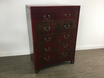 Lot 603 - RED LACQUERED CHINESE CHEST OF DRAWERS