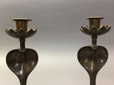 Lot 625 - PAIR OF INDIAN BRASS COBRA CANDLESTICKS