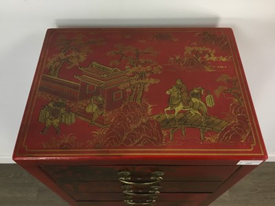 Lot 605 - RED LACQUERED CHINESE CHEST OF DRAWERS