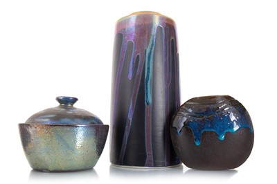 Lot 328 - MARGERY CLINTON (SCOTTISH, 1931-2005), TWO STUDIO POTTERY VASES AND A JAR