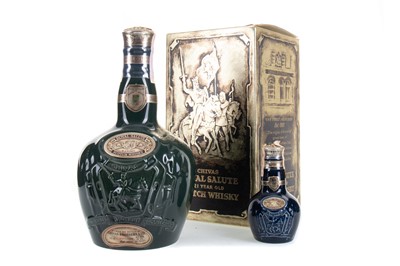 Lot 125 - CHIVAS ROYAL SALUTE 21 YEAR OLD EMERALD DECANTER AND SAPPHIRE MINIATURE