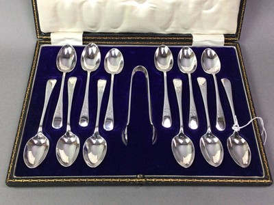 Lot 42 - CASED SET OF TWELVE PLATED TEASPOONS AND TONGS