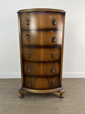 Lot 317 - WALNUT BOWFRONT CHEST OF DRAWERS
