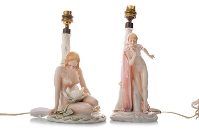 Lot 362 - KARL ENS, TWO PORCELAIN FIGURAL TABLE LAMPS OF ART NOUVEAU DESIGN